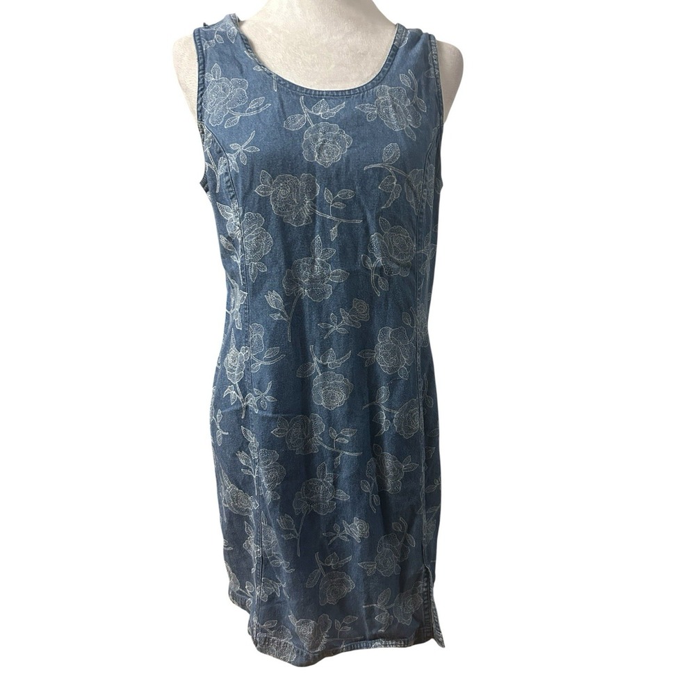 Vintage Fashion Bug Denim Dress Sleevless Floral Print SZ 12 Y2K